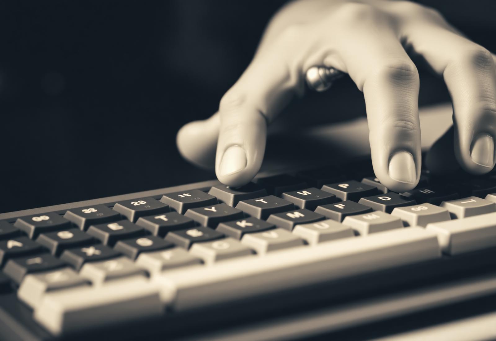 Close-up of hands typing on a mechanical keyboard in warm monochrome light