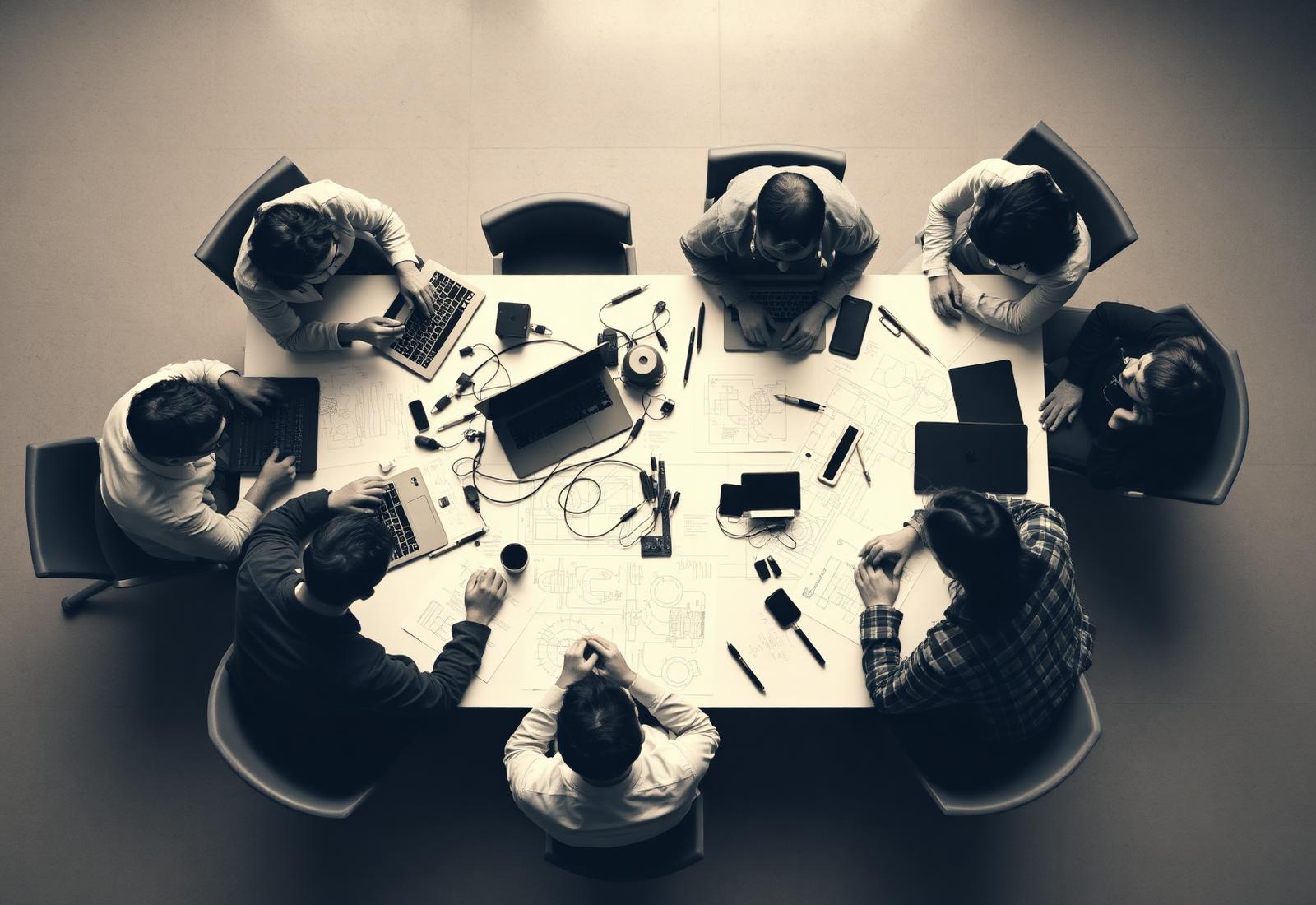 Overhead view of an engineering team working around a table covered with sketches and laptops
